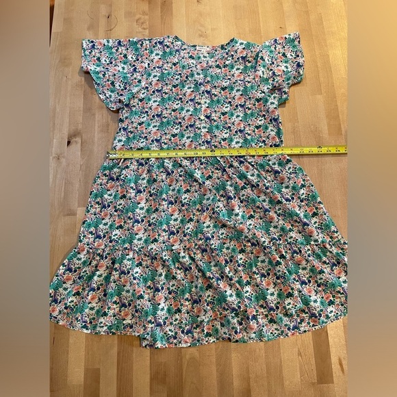 JODIFL Floral Teal/Pink Short Flutter Sleeve Dress Button Front Tiered Small - Picture 8 of 11